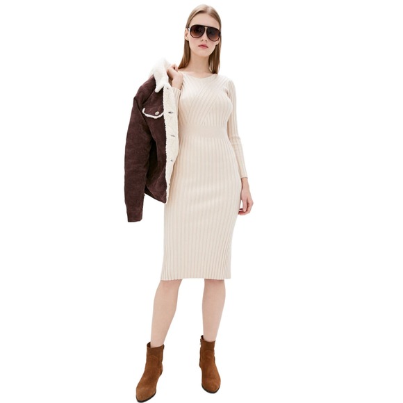 DASTI Bodycon Dress Knit Midi Ribbed Sexy Vestidos De Moda Nude Long Sleeves - Picture 2 of 6